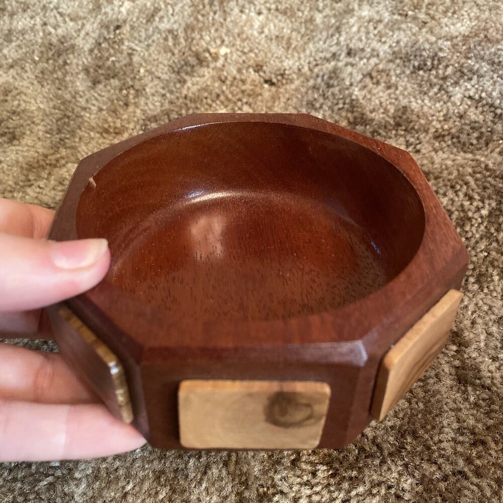Vintage Mahogany Bowl Applied Panels Hand Made Hexagonal Geometric Signed Dish